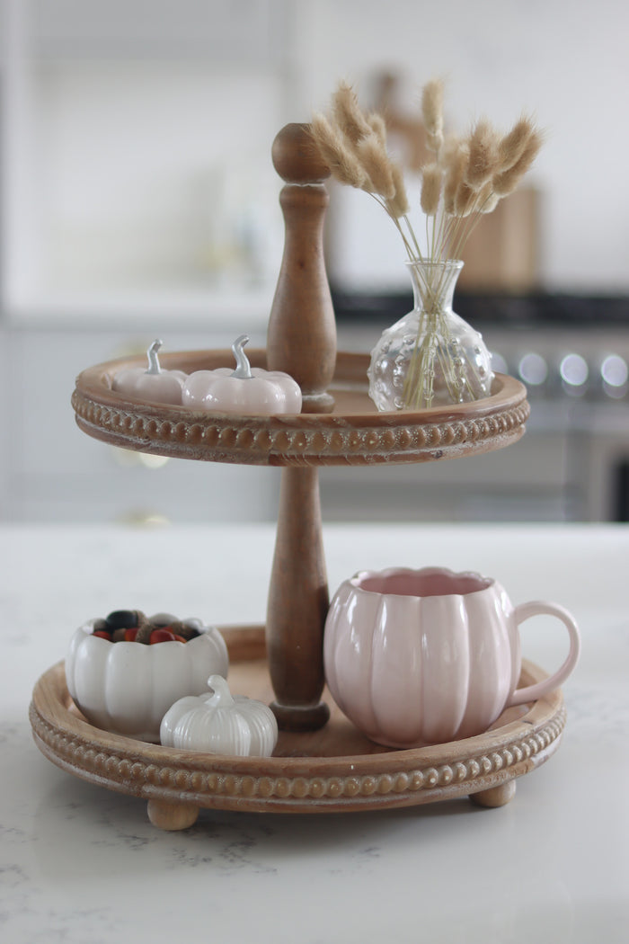 2 Tiered Beaded Cake Stand - Natural
