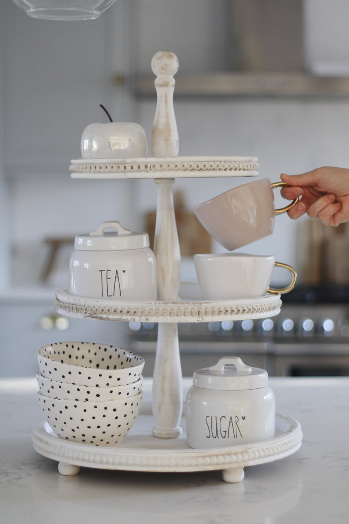 3 Tiered Cake Stand - Beaded White Wash