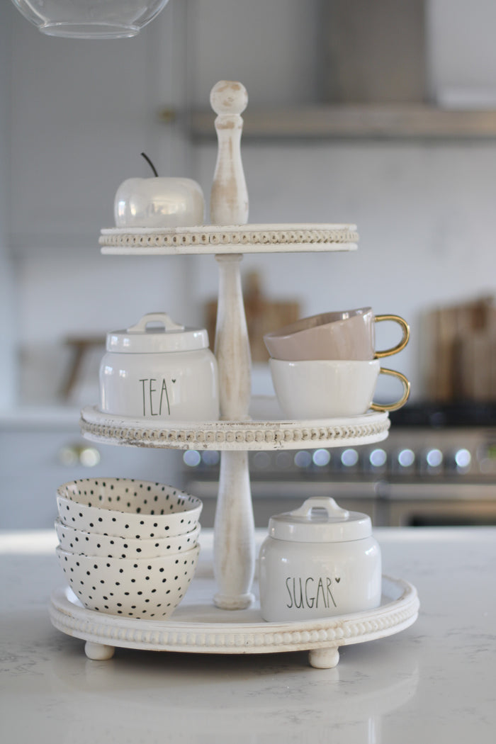 3 Tiered Cake Stand - Beaded White Wash