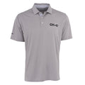 The Boeing CH-47 Chinook Series Men’s Polo by BOEING is a light gray short-sleeve polo with a collar, three buttons, CH-47 in black on the left chest, a small black logo on the sleeve, and moisture-wicking fabric for all-day comfort.