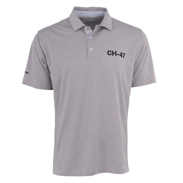 The Boeing CH-47 Chinook Series Men’s Polo by BOEING is a light gray short-sleeve polo with a collar, three buttons, CH-47 in black on the left chest, a small black logo on the sleeve, and moisture-wicking fabric for all-day comfort.