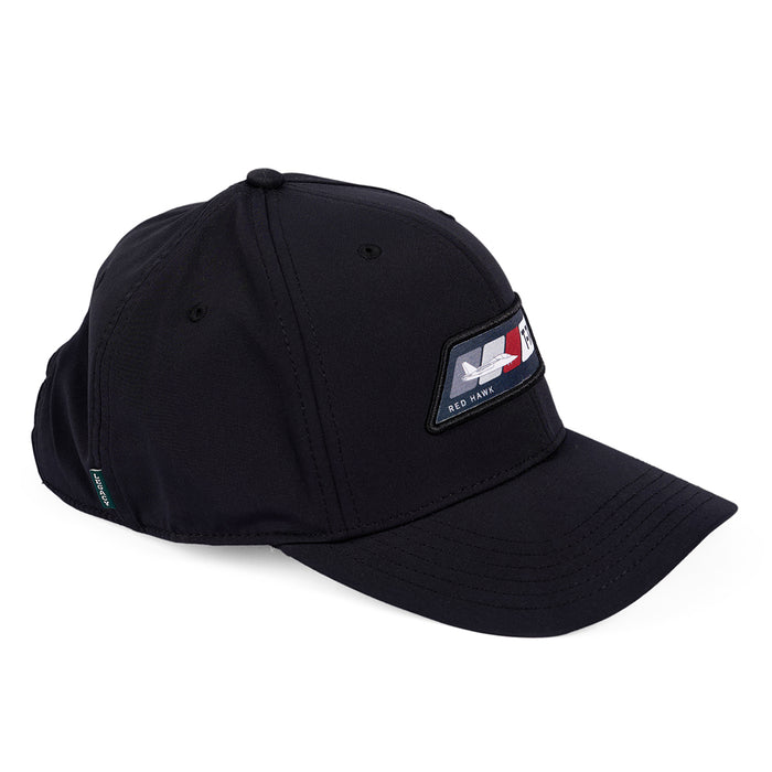 The Boeing T-7A Red Hawk Velocity Unisex Hat by Boeing is a black baseball cap with a curved brim, visible stitching, and moisture-wicking properties. It features an embroidered patch displaying a stylized red and white Red Wave design, inspired by the T-7A Red Hawk.