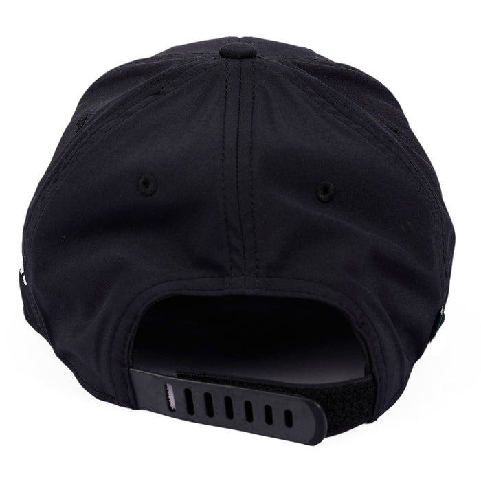 The Boeing T-7A Red Hawk Velocity Unisex Hat is a black cap with an adjustable strap and ventilation eyelets. It has a curved brim, plain design, and features an embroidered patch of the iconic Boeing T-7A Red Hawk on the back.