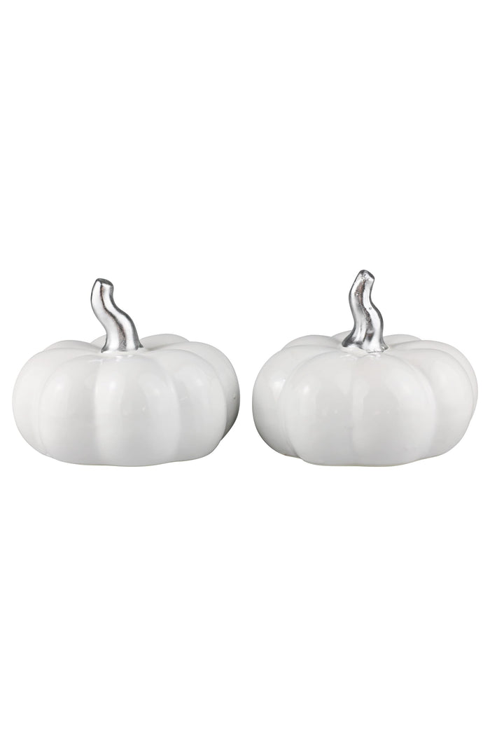 Ceramic Pumpkin White/Silver Stalk - Medium 2Pc Set