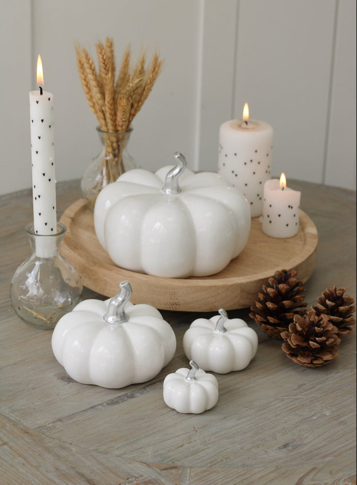 Ceramic Pumpkin White/Silver Stalk - Medium 2Pc Set