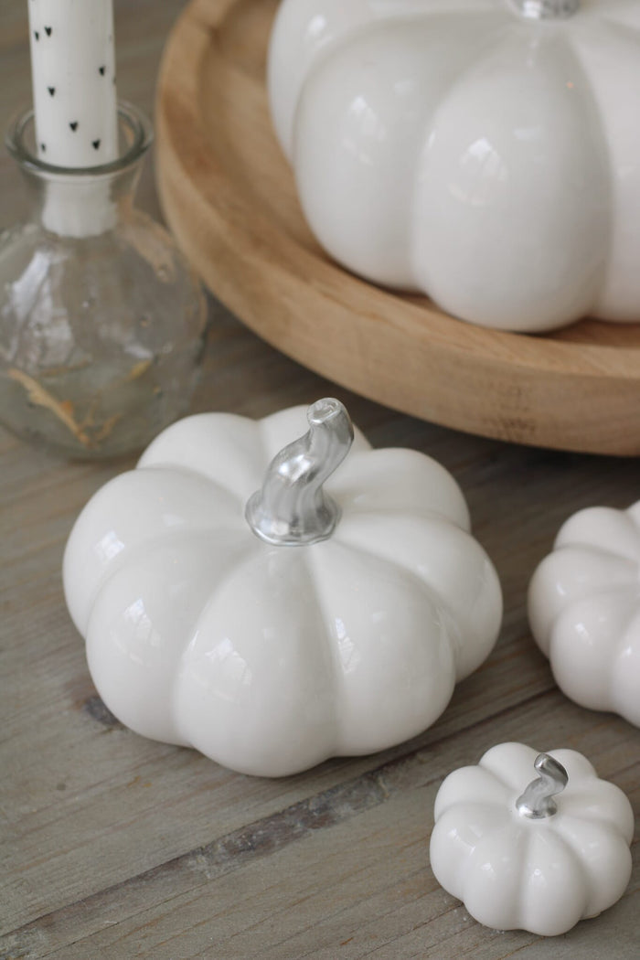 Ceramic Pumpkin White/Silver Stalk - Medium 2Pc Set