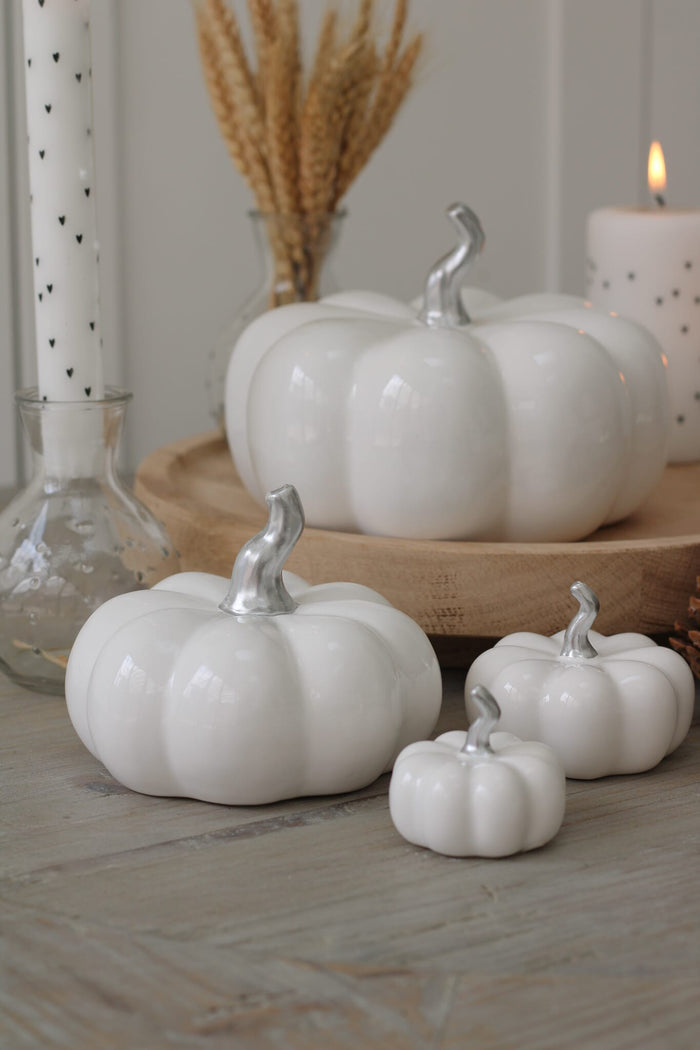 Ceramic Pumpkin White/Silver Stalk - Medium 2Pc Set
