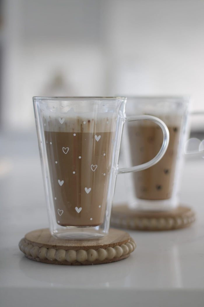Double Walled Glass Latte Mug - Hearts And Dots/White
