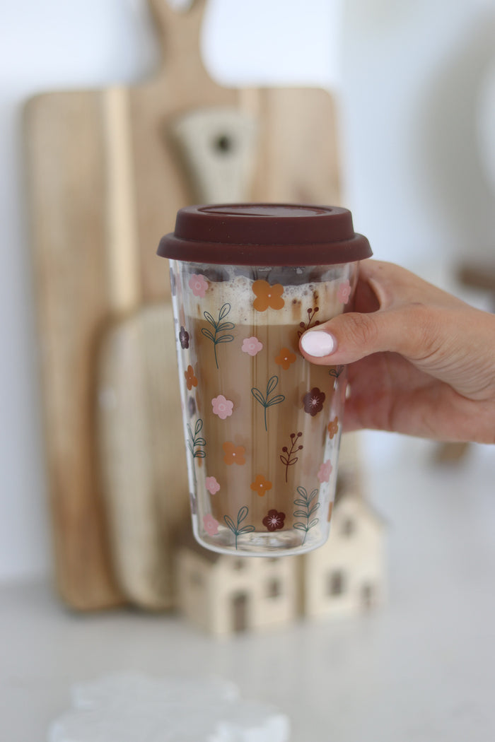 Double Walled Glass Travel Mug – Cosy Bloom