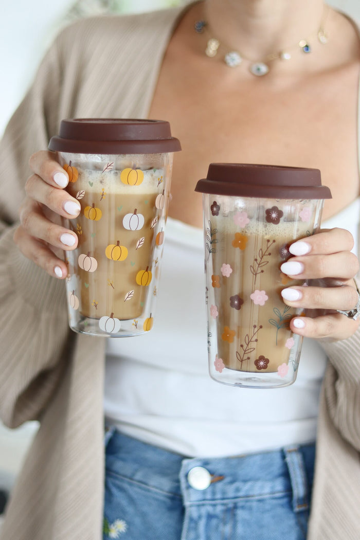 Double Walled Glass Travel Mug – Pumpkin Petal