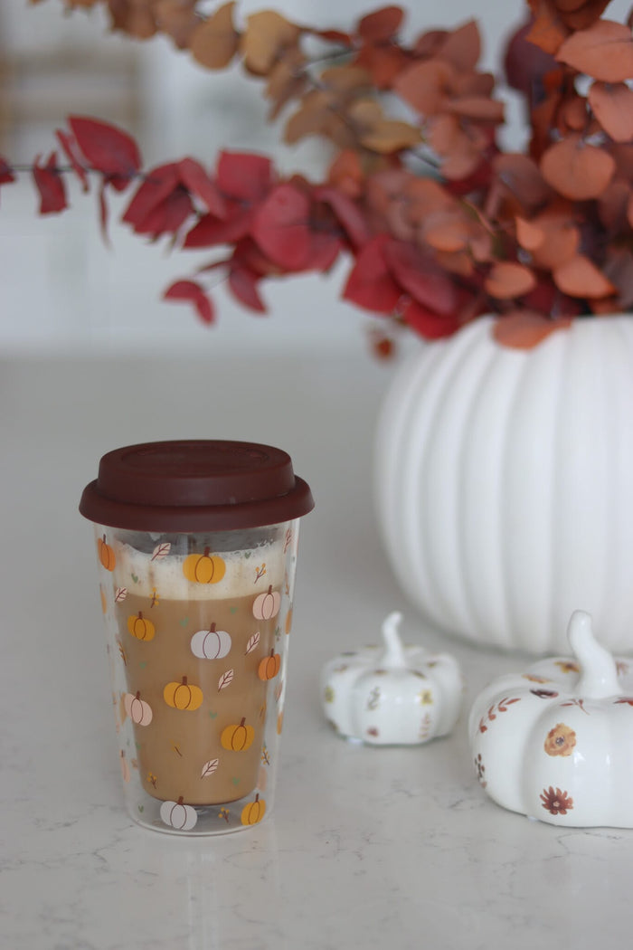 Double Walled Glass Travel Mug – Pumpkin Petal
