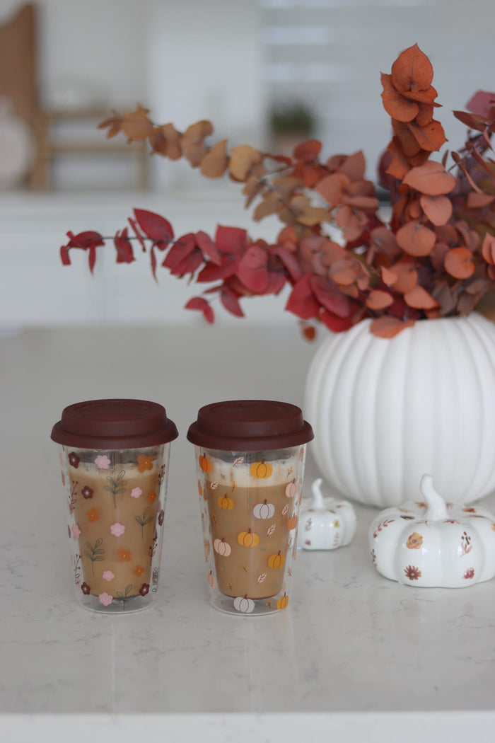 Double Walled Glass Travel Mug – Pumpkin Petal