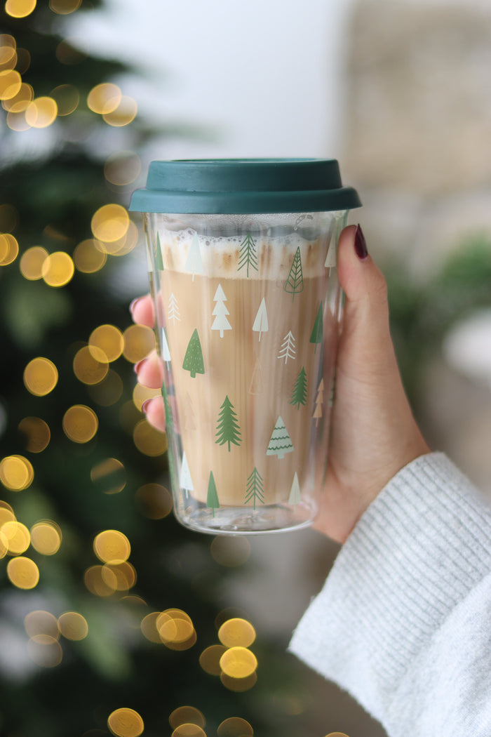 Double Walled Glass Travel Mug – Xmas Trees