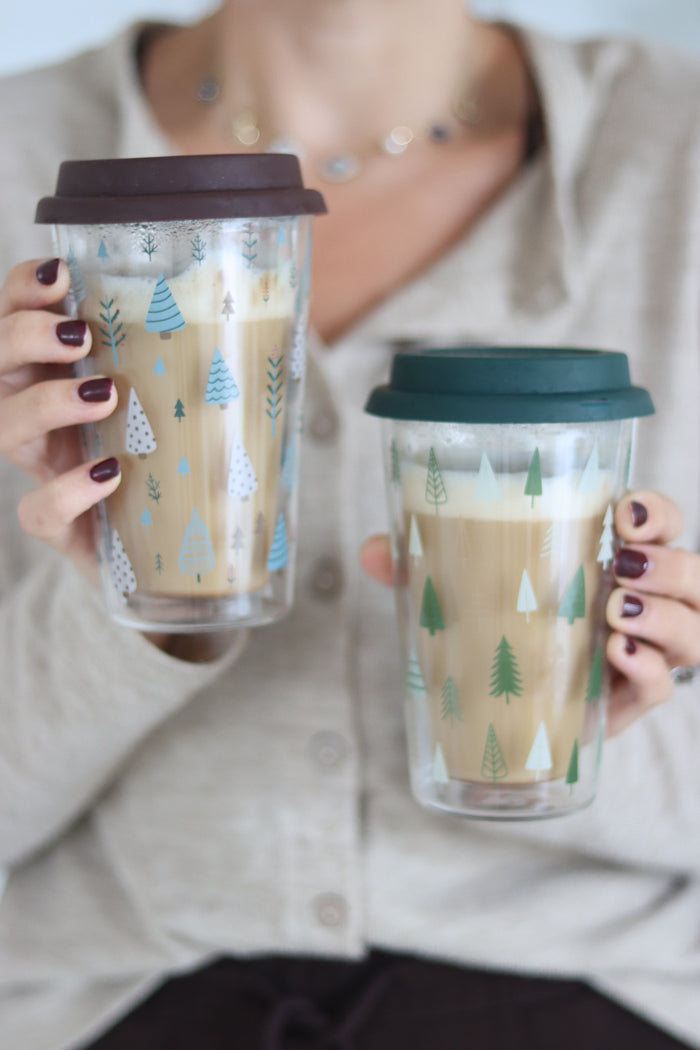 Double Walled Glass Travel Mug – Xmas Trees