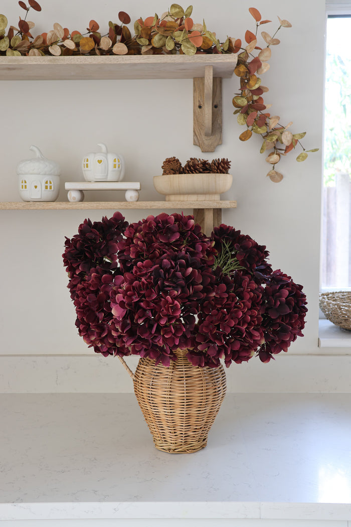 Faux Burgundy Hydrangea & Rattan Jug Bundle