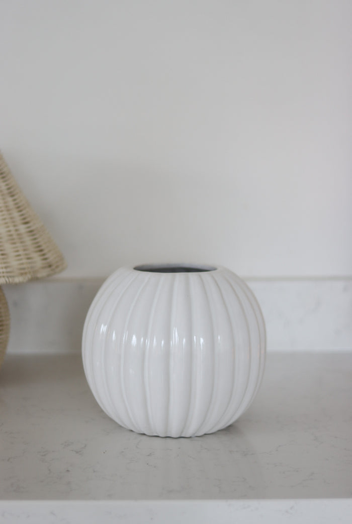 Fluted Round Ceramic Vase - Glazed