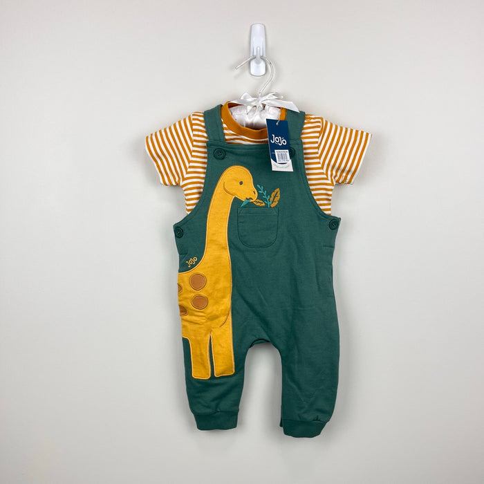 JoJo Maman Bebe Khaki Diplodocus 2-Piece Appliqué Dungarees & T-Shirt Set 3-6 Months NWT