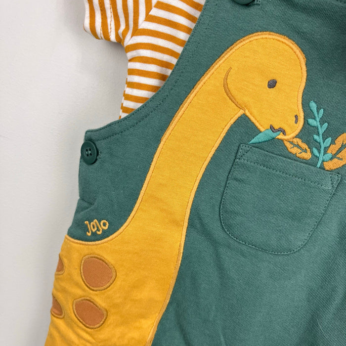 JoJo Maman Bebe Khaki Diplodocus 2-Piece Appliqué Dungarees & T-Shirt Set 3-6 Months NWT
