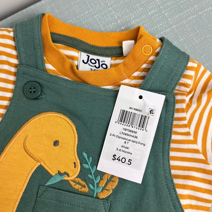 JoJo Maman Bebe Khaki Diplodocus 2-Piece Appliqué Dungarees & T-Shirt Set 3-6 Months NWT