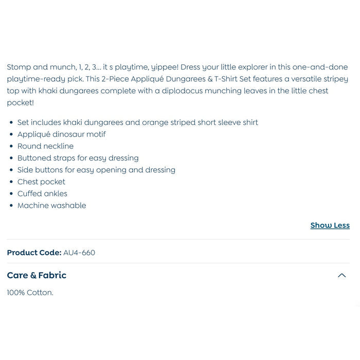 JoJo Maman Bebe Khaki Diplodocus 2-Piece Appliqué Dungarees & T-Shirt Set 3-6 Months NWT