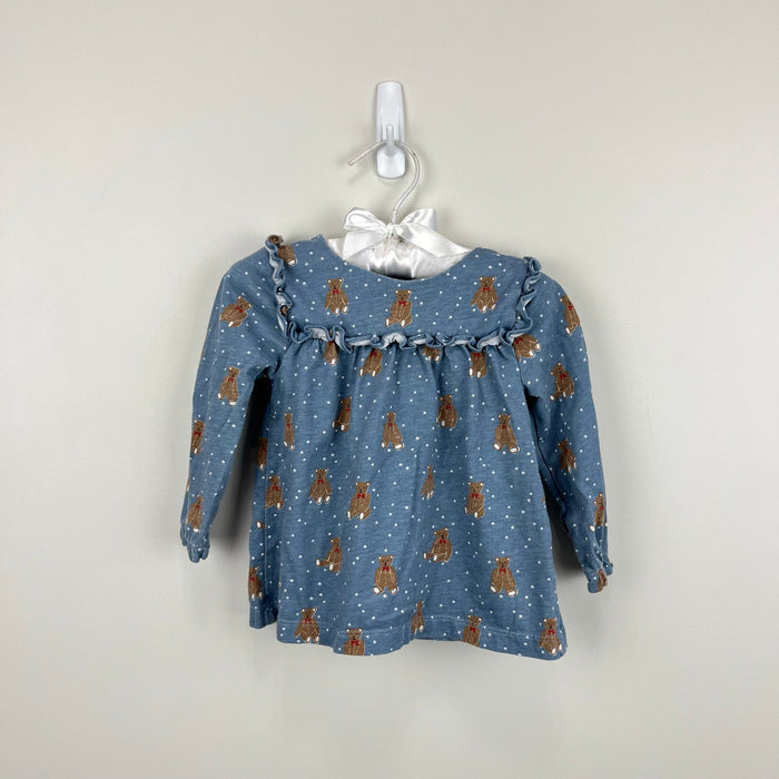 Mini Boden Long Sleeve Ruffle Teddy Bear Blouse Blue 6-12 Months