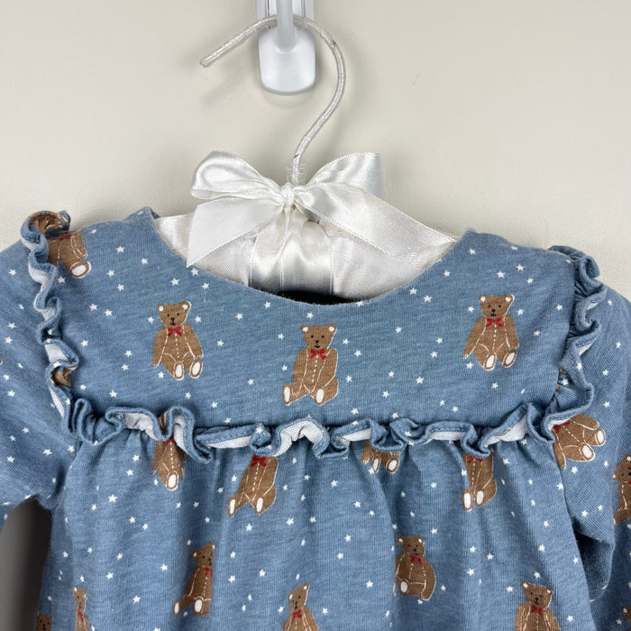 Mini Boden Long Sleeve Ruffle Teddy Bear Blouse Blue 6-12 Months