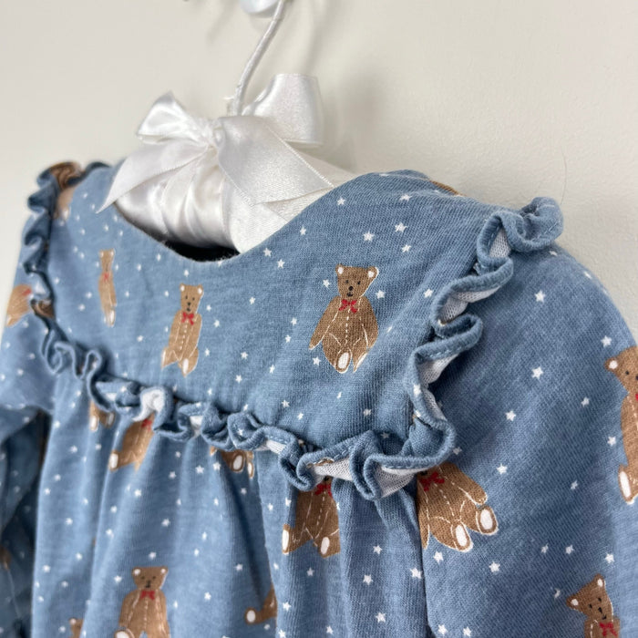 Mini Boden Long Sleeve Ruffle Teddy Bear Blouse Blue 6-12 Months