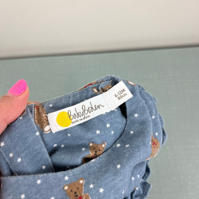 Mini Boden Long Sleeve Ruffle Teddy Bear Blouse Blue 6-12 Months