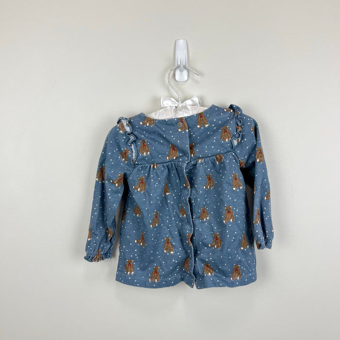 Mini Boden Long Sleeve Ruffle Teddy Bear Blouse Blue 6-12 Months