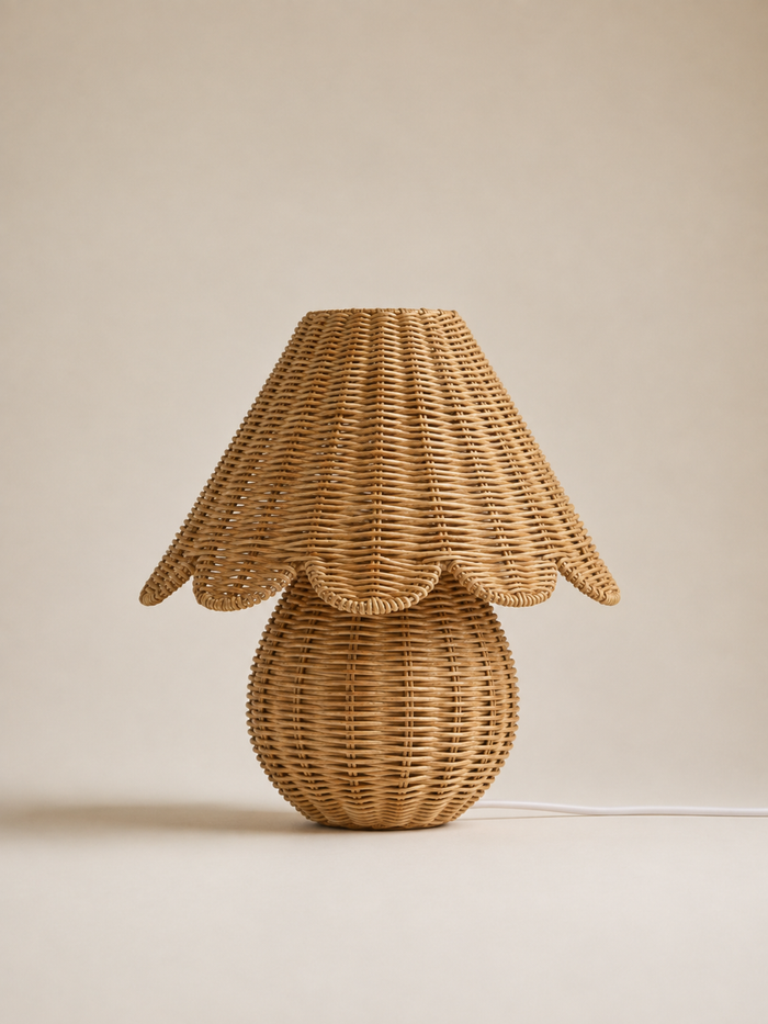 Round Rattan Table Lamp – Scalloped Shade – Natural