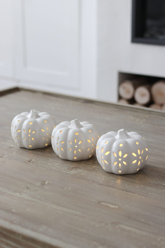 Set of 3 Medium LED Ceramic Pumpkins