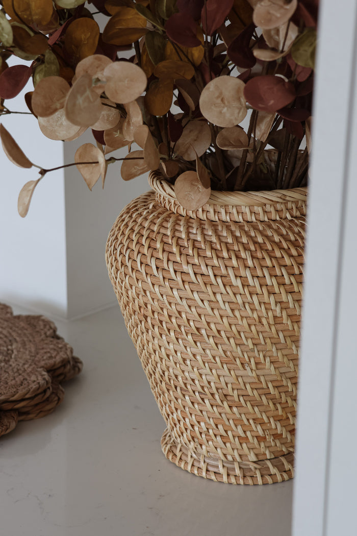Tall Round-Top Rattan Vase – Natural