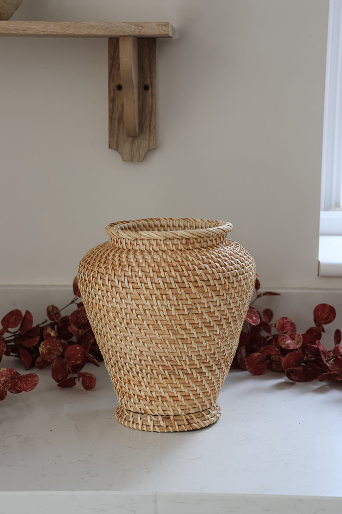 Tall Round-Top Rattan Vase – Natural