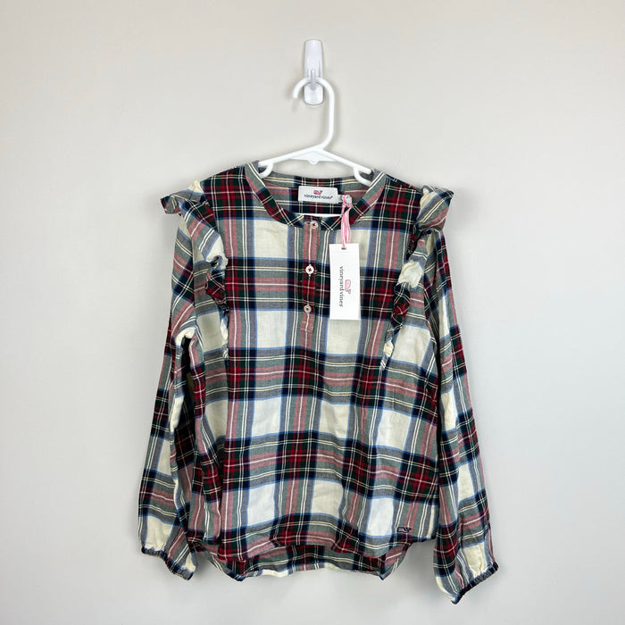 Vineyard Vines Girls' Soft Twill Ruffle Top Royal Stewart Marsh Medium NWT
