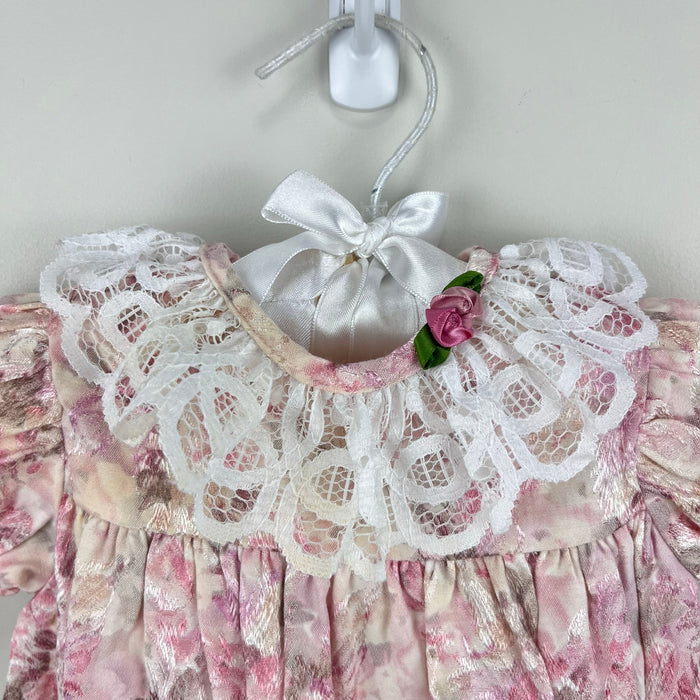 Vintage Piccolo Floral Jacquard Lace Ruffle Bubble Romper 6-9 Months