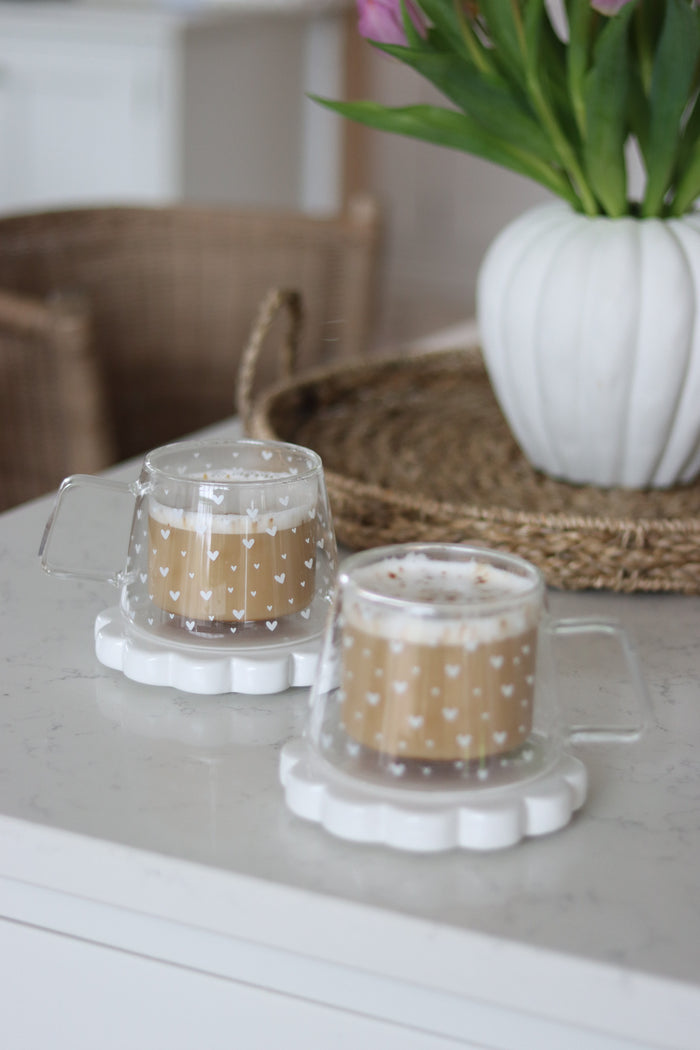 Wrap Around Double Walled Glass Mug Set -2 Piece – Multi Heart White